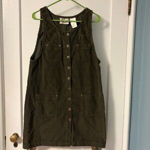 Erika olive green corduroy button front jumper dress pockets size medium retro
